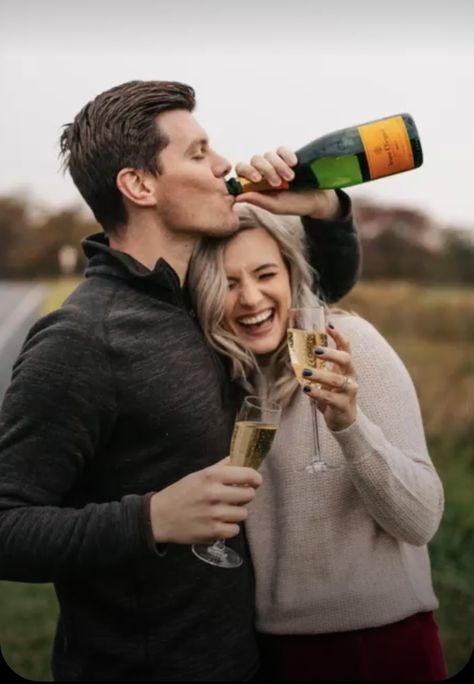 Fun Couple Engagement Photos, Realistic Engagement Photos, Christmas Wedding Ring Photos, Engagement Photos On Iphone, Easy Diy Engagement Photo, Engagement Photoshoot Ideas With Champagne, Engagement Photo Poses Champagne, Creative Engagement Shoot Ideas, Engagement Photos Funny Creative