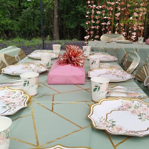 Ooze oodles of an ethereal orchard feel into your garden wedding by setting up some elegant decorations. Create a beguiling blush hanging flower garland background and elevate the elegance of the party tables by giving them a luxurious drape with sage green geometric pattern tablecloth. Usher in a blossomy sensation and gorgeous floral flair by arranging floral design paper plates, cups, & napkins. Dress up the chairs in sage green spandex covers and champagne spandex sashes with buckle. Hanging Flower Garland, Garden Wedding Decor, Event Decor Ideas, Party Decorations Table, Elegant Decorations, Pattern Tablecloth, Party Tables, Garden Wedding Decorations, Decorations Table