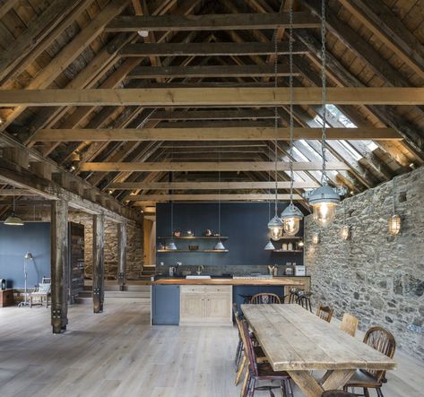 Scotland House, Grand Interior, Exposed Rafters, Vermont House, Stone Arch, Ceiling Ideas, Barn Conversion, Picture Windows, Roof Light