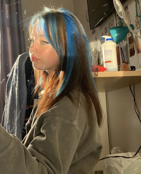 Colour Hair Streaks, Light Blue Streaks In Brown Hair, Blue Stripes In Brown Hair, Blue Stripes In Hair, Streaks Of Blue In Hair, Front Hair Dyed Streaks Blue, Light Blue Highlights, Blue Streaks In Brown Hair, Brown Hair Blue Highlights