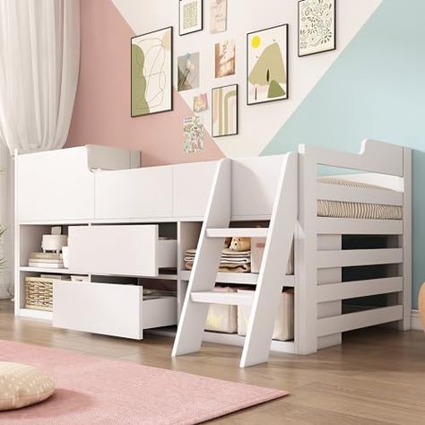 Wooden Bed With Drawers, Kids Wooden Bed, Childrens Cabin Beds, Bed Frame Storage, Kids Bunk Bed, White Wooden Bed, White Cabin, Mid Sleeper, Kids Bed Frames