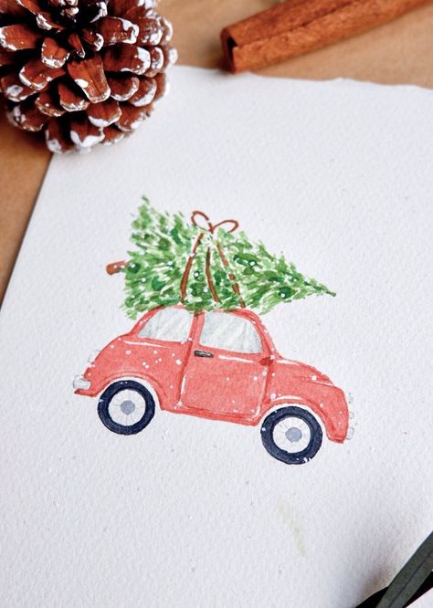 Red car with Christmas pine tree #watercolor #aquarelle #watercolorpainting #christmas #pinetree #christmasillustration #watercolorillustration #watercolorideas #carillustration Pine Tree Watercolor, Market Day Ideas, Christmas Card Tutorials, Painted Christmas Cards, Christmas Pine Tree, Christmas Tree Drawing, Christmas Card Illustration, Tree Watercolor, Watercolor Christmas Tree