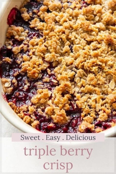 Looking for a delicious summer recipe? Triple berry crisp is an easy recipe that uses either fresh or frozen berries. This simple summer dessert is best served warm with vanilla ice cream. Frozen Berry Recipes, Triple Berry Crisp, Peach Blueberry Crisp, Berry Crisp Recipe, Triple Berry Pie, Oatmeal Crisp, Crisp Topping, Raspberry Oatmeal, Berry Oatmeal