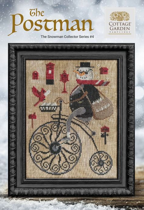 Snowman Collector | Cottage Garden Samplings Cottage Garden Samplings, Cross Stitch Winter, The Postman, Cross Stitch Christmas Ornaments, Cross Stitch Christmas, Stitch Christmas, The Snowman, Stitching Art, Christmas Cross