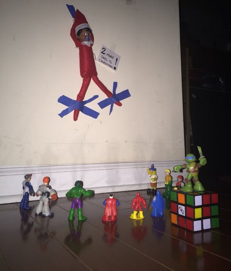 Day 22: Elf tied up by owner's TOYS Last Day Of Elf On The Shelf Ideas, Elf On The Shelf Painting, Shelf Painting, Elf On The Shelf Ideas, Shelf Ideas, On The Shelf, Elf On The Shelf, Last Day, Ronald Mcdonald