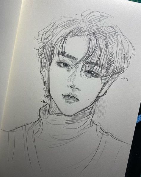 Semi Realistic Sketch Male, Semi Realistic Drawing Sketches, Semi Realistic Drawing Tutorial Face, Semi Realism Sketch, Semi Realistic Sketch, Semi Realistic Drawing, Skz Drawing, Skz Fanart, Realistic Sketch