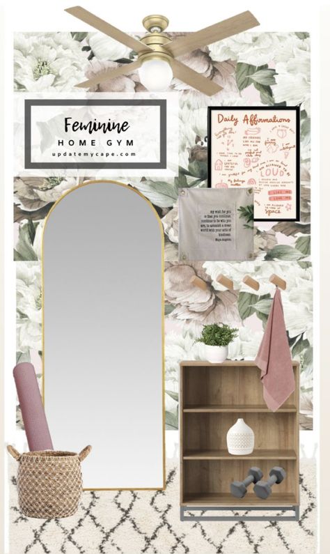 Basement Gym Wallpaper, Home Gym Mood Board, Workout Room Wallpaper, Workout Nook In Bedroom, Exercise Office Room, Gym Seating Area, Boho Workout Room, Feminine Home Gym, Home Gym Wallpaper