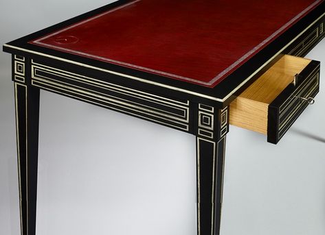 French Neo-classical  desk inspired by a design of Maison Jansen.  Black ebonized mahogany. Silver leaf filets. Top covered with leather. #maisonjansendesk#maisonjansenfurniture#neoclassicaldesk Desk Inspired, Maison Jansen, Luxury Chairs, Greek Key Pattern, Neo Classical, Trending Art, Empire Style, Global Design, Design Firms