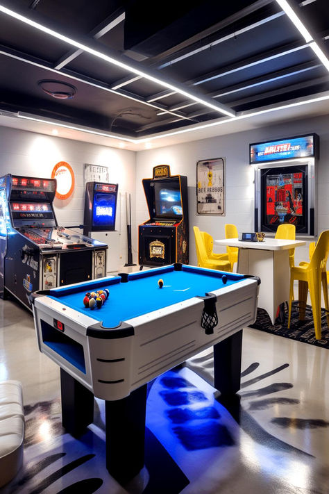 Vibrant garage game room featuring retro arcade machines, pool table, and neon lights." Garage Office Game Room, Garage Converted To Game Room, Acarde Game Room, Industrial Games Room, Home Arcade Room Ideas Modern, Small Basement Arcade, Garage Billiard Room, Games For Basement, Hang Out Garage Ideas