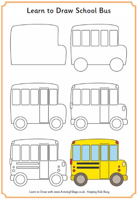 Learn to Draw a School Bus. How to doodle .... Follow for more FREE 'too-neat-not-to-keep' literacy tools  other fun teaching stuff :) Draw School, Bus Sekolah, مشروعات العلوم, Yellow School Bus, Drawing Lessons For Kids, Directed Drawing, Drawing Tutorials For Kids, Easy Drawings For Kids, Guided Drawing