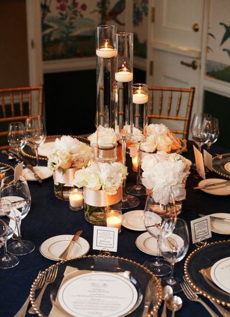 White Wedding Centerpieces, Candles Flowers, Thanksgiving Dinner Table, Wedding Colors Blue, Navy Blue Wedding, Web Images, Navy Wedding, Wedding Table Settings, Blush And Gold