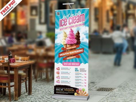 Ice Cream Shop Roll-up Banner PSD Parlour Design Ideas, Ice Cream Parlour Design, Ice Cream Banner Design, Parlour Design, Ice Cream Banner, Chocolate Cone, Ice Cream Parlour, Best Banner Design, Ice Cream Stand