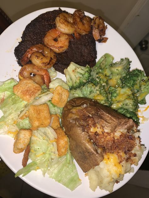 Twice Baked Potato, Salad , broccoli steak and shrimp Steak And Baked Potato, Baked Steak, Stuffed Baked Potatoes, Shrimp And Broccoli, Steak And Shrimp, Twice Baked Potatoes, Soul Food, Baked Potato, Potato Salad