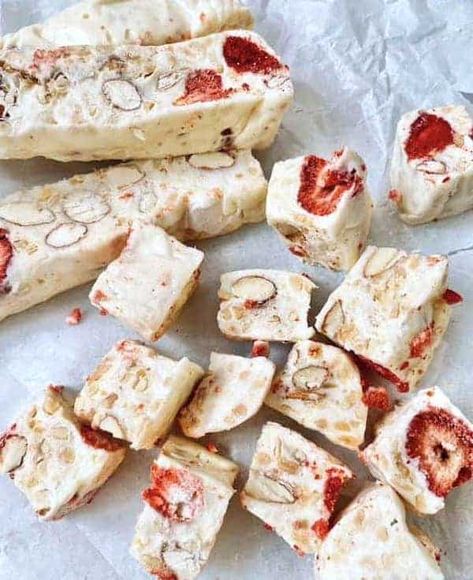 No Bake Egg Free Chinese Marshmallow Nougat Marshmallow Nougat Recipe, Nougat Photography, Marshmallow Nougat, Chinese New Year Recipes, New Year Recipes, Nougat Recipe, Nougat Candy, Strawberry Marshmallow, Chinese Almond Cookies