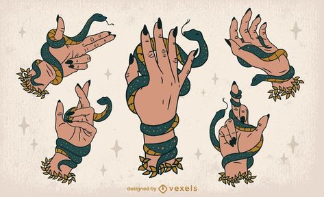 Witch hands holding snakes fantasy set Person Holding Snake Reference Drawing, Nails Painted Black, Holding Snake, Clawed Hands, Hand Holding Tattoo, Art Improvement, Hand Holding Something, Drawing Elements, Hands Vector