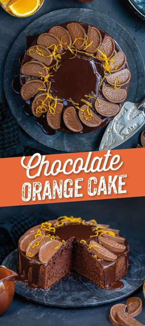 This delicious Chocolate Orange Cake is so easy to make - simply add all your ingredients in a bowl, whisk and bake. Cover with glossy chocolate orange glaze and decorate with Terry’s Chocolate orange segments | Supergolden Bakes Choc Orange Cake, Terrys Chocolate Orange Cake, Chocolate Orange Cake, Delish Cakes, Cake Stall, Molten Chocolate Lava Cake, Terry's Chocolate Orange, Cake Recepies, Orange Chocolate Cake