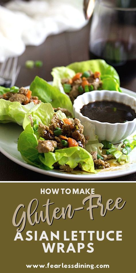 A plate filled with gluten free Asian lettuce wraps. There is a small white dish with a dipping sauce next to the lettuce wraps. Butterleaf Lettuce Recipes, Gluten Free Lettuce Wraps, Paleo Lettuce Wraps, Gluten Free Asian, Savory Gluten Free, Homemade Dipping Sauce, Lettuce Wrap Sauce, All Purpose Flour Recipes, Beef Patties Recipes