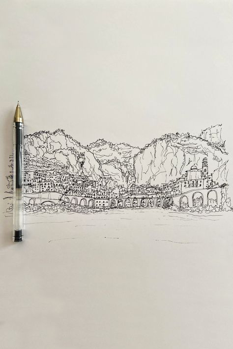 Amalfi Coast Drawing, Positano Tattoo, Amalfi Coast Tattoo, Amalfi Coast Art, Coast Sketch, Italy Sketches, Italy Tattoo, Amalfi Coast Italy, Travel Sketches