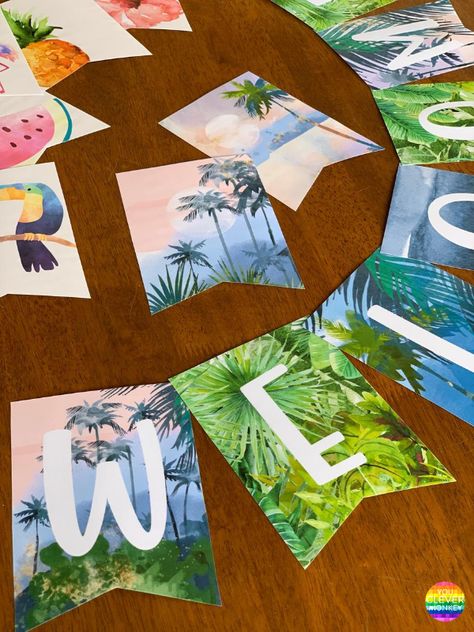 Modern Tropical Classroom, Tropical Classroom Decor, Pineapple Classroom, Classroom Bunting, Tropical Classroom, Jungle Classroom, Jungle Theme Classroom, Ocean Classroom, Ocean Theme Classroom