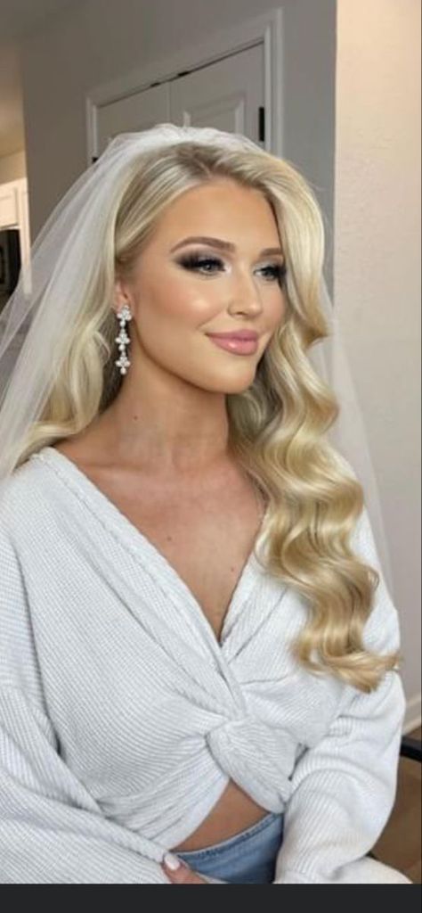 Wedding Hairstyles For Sleeveless Dress, Wedding Hair Down To The Side, Wedding Down Do For Medium Hair, Retro Waves Wedding Hair, Bride Hairstyles Down Middle Part, Bride Glam Waves, Hollywood Glam Hair Middle Part, Bride Hair Curly Down, Bride Hair For Round Face