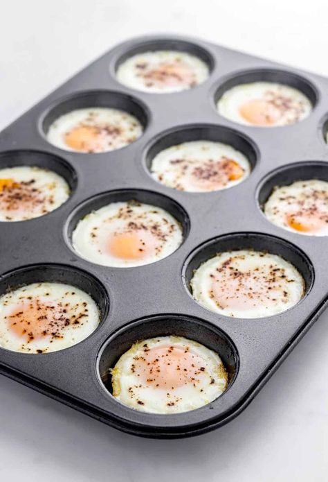 How to Bake Eggs in A Muffin Tin {Oven Baked Eggs} Eggs In Muffin Cups, Hard Boiled Eggs In Oven Muffin Tins, Oven Baked Eggs For Egg Salad, Baked Eggs In Muffin Tin With Sausage, Cupcake Pan Eggs, Cupcake Eggs Breakfast, Cupcake Eggs Breakfast Muffin Pans, Cook Eggs In Muffin Tin, Cupcake Tin Eggs