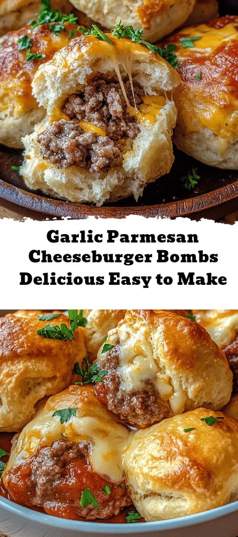 Elevate your comfort food experience with these mouthwatering Garlic Parmesan Cheeseburger Bombs! Imagine juicy ground beef, melted cheese, and savory garlic all wrapped in soft biscuit dough. Perfect for game days or cozy nights, these easy-to-make bites deliver a flavor explosion in every delicious mouthful. Ready in just 35 minutes, they’re ideal for any occasion! Try them with marinara sauce for dipping and get ready for compliments! Great for sharing, or simply enjoy them all your Garlic Cheeseburger Bites, Cheeseburger Wraps Ground Beef, Garlic Parmesan Cheeseburger Bombshell, Ground Beef And Biscuit Recipes, Food To Make At Home, Cheeseburger Wraps, Food Game, Spicy Seasoning, Biscuit Dough