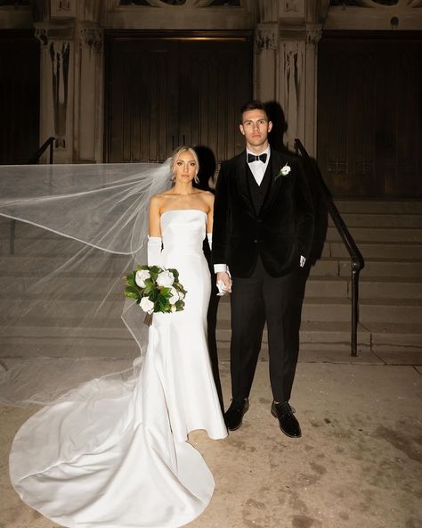 Oh just #RebeccasBride @al__dobro and her husband Tim looking like they belong on the COVER OF VOGUE 🤩👏 We can’t get enough of this absolutely stunning wedding! Love how Alexandria styled her strapless mikado mermaid dress with the bow, the long gloves, and the horsehair trimmed long veil 🙌Timeless perfection (also we’re getting iconic Elizabeth James vibes, iykyk 🥰) Congrats to these newlyweds! 🥂 Photos: @oliveandfigproductions Dress: @maggiesotterodesigns Veil: @ansoniabridalveils Gl... Vintage Wedding Dress With Gloves, Long Gloves With Wedding Dress, Wedding Dress With Silk Gloves, Strapless Wedding Dress Long Train, Strapless Wedding Dress Veil, Strapless Wedding Dress Gloves, Off Shoulder Wedding Dress With Gloves, Long Veil Wedding Photos, Wedding Dresses With Long Gloves