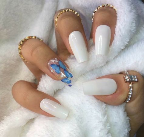 Nails Inspiration Blue, Blue Butterfly Nails, Grad Nails, Sky Blue Nails, Disney Acrylic Nails, Quinceanera Nails, Blue And White Nails, Classy Acrylic, Light Blue Nails