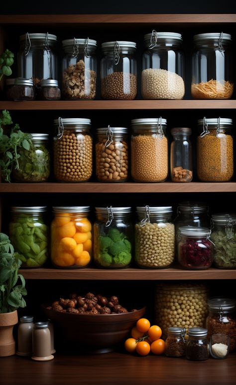 Large Food Storage Room, Food Storage Solutions, Kitchen Glass Storage Ideas, Dry Pantry Storage, Dry Ingredient Storage, Jar Storage Ideas, Cooking Oil Storage, Feather Haircut, Spice Storage Ideas