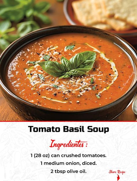 Quick And Delicious Recipes | Tomato Basil Soup | Facebook Tomato Basil Soup Recipe, Creamy Tomato Soup, Tomato Basil Soup, Tomato Basil, Chowder Recipes, Crushed Tomatoes, Easy Soup Recipes, Easy Soups, Fresh Basil