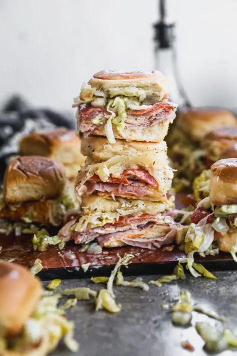 Grinder Sliders Jalapeno Sandwich, Grinder Sliders, Slider Rolls, Sandwhich Recipes, Sliced Salami, Italian Meats, Creamy Dressing, Potato Roll, Slider Buns