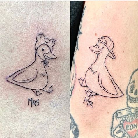 Lowkey Matching Tattoos, Matching Goose Tattoos, Couple Tattoos Animals, Fine Line Duck Tattoo, Silly Goose Tattoo, Couples Hand Tattoos, Three Sister Tattoos, Twin Flame Tattoo, Adorable Tattoos