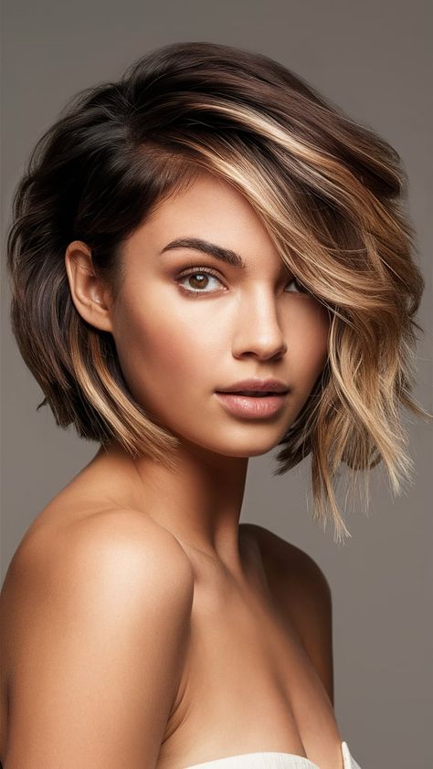 short hair balayage Baliage Short Hair 2024, Bayalage For Short Hair, Brunette Balayage Hair Chin Length, Balayage On Short Hair Dark, Short Bayalage Brunette, Bayalage On Short Hair, Short Hair Ombre Balayage, Beliage Hair, Bayalage Brunette