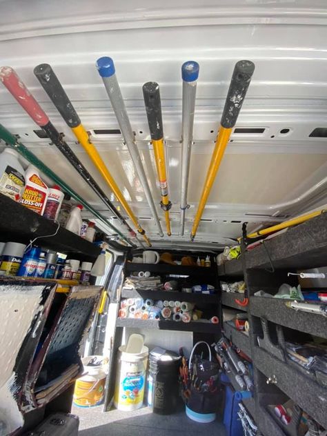 Painters & Decorators Van Layout + Racking Ideas Builders Van Storage, Work Van Drawers, Work Van Shelving Ideas, Construction Van Setup, Cargo Van Storage Ideas, Ford Transit Work Van Ideas, Van Storage Ideas Organizing, Diy Work Van Storage Ideas, Small Van Racking Ideas