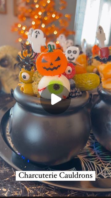 Alisha Larson on Instagram: "Charcuterie Cauldrons 👻🦇🎃 
It’s spooky season & these charcuterie cauldrons are such a fun touch that everyone will LOVE at your next spooky gathering! 💀❤️

Comment SPOOKY for a direct link to supplies used, also linked in LTK! 🫶

1. Place parchment paper on the inside of each cauldron to give the snacks something to sit on.

2. Using spooky Halloween picks add all your favorite snacks to the cauldron. Add candy eyes to olives and raspberries for an extra fun & spooky touch.

Snack ideas: Sausage sticks, cheese, olives, stuffed peppers/olives, pickles, crackers, fruit, candy. 

ENJOY! 😋

#charcuterie #halloweenparty #halloweenpartyideas #spookytreats #easyrecipes #hostingideas #snackideas #hosting #cauldron" Cauldron Charcuterie, Mini Cauldron Food Ideas, Cauldron Punch Bowl, Jackolantern Charcuterie, Witch’s Cauldron, Harry Potter Halloween Party, Spooky Treats, Halloween Baking, Harry Potter Halloween