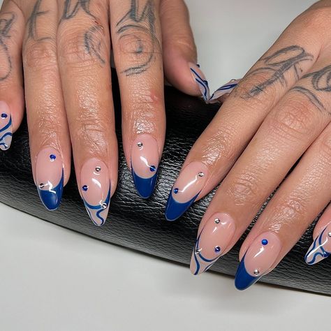 saryna 🌟 jan is booked on Instagram: “blue swirls 💙 @apresnailofficial gel x medium almond @apresnailofficial i myth you inspo @yveningset @nailzval #nails #nailart…” Dark Blue Nails, Medium Almond, Blue Nails, Nails Nailart, Nail Inspo, Almond, Dark Blue, Nail Art, Nails