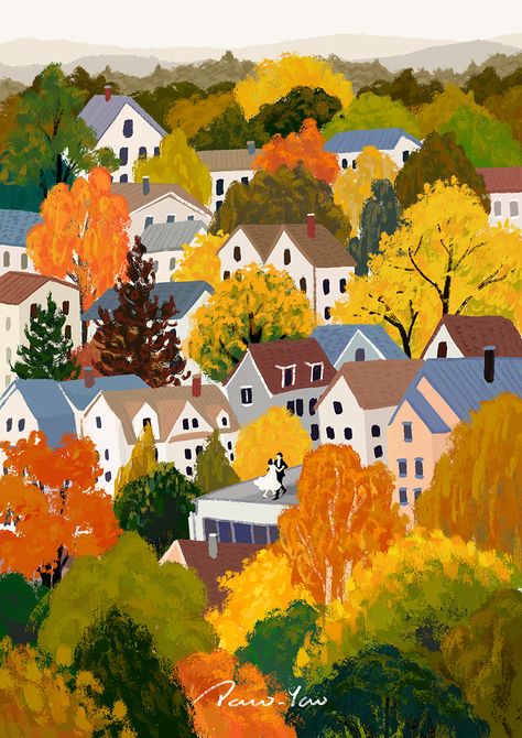 Paco_Yao , illustration，autumn. Paco Yao, Illustration Autumn, Castle Painting, Pastel Poster, Autumn Illustration, Pretty Drawings, Tree Illustration, Whimsical Illustration, Landscape Illustration