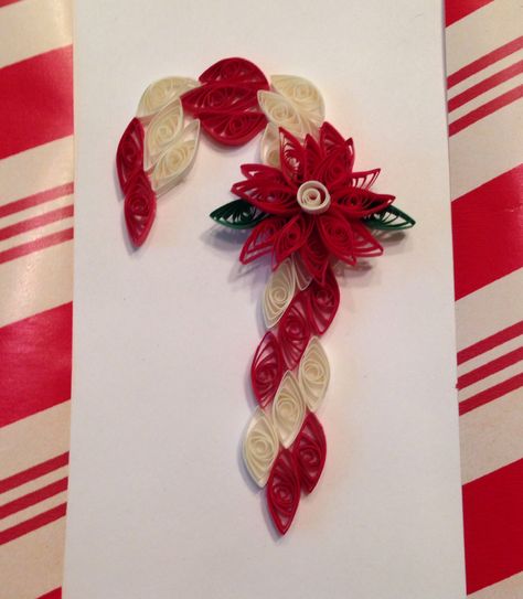 Quilling Candy Cane with Red Poinsettias by Barbara Steele Barbara Steele, Quilling Instructions, Handcrafted Christmas Cards, Christmas Quilling, Neli Quilling, Paper Quilling For Beginners, Paper Quilling Cards, Quilling Christmas, Paper Quilling Patterns