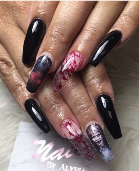 Love HALLOWEEN. #halloweennails #it #exorcist #coffinnails Love Halloween, Acrylic Gel, Halloween Nails, Coffin Nails, Halloween, Nails, Beauty