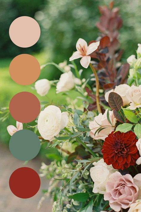 Red Blush Green Wedding, Red Spring Color Palette, Floral Color Palette, Color Palets, Earth Tone Palette, Wedding Colors Red, Banquet Ideas, Paint Inspo, Spring Garden Wedding