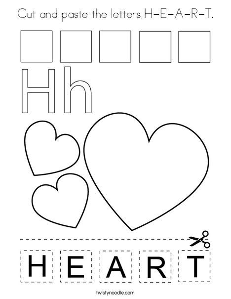 Cut and paste the letters H-E-A-R-T Coloring Page - Twisty Noodle Free February Preschool Printables, January Color By Number, Valentines Worksheets For Kids, February Preschool Activities, Valentines Activities For Kids, H Is For Heart, Letter H Activities, February Preschool, Valentine Worksheets