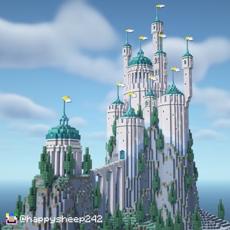 Minecraft Celestial Build, Minecraft Quartz Castle, Minecraft Quartz Build, Minecraft Quartz House, Prismarine Builds Minecraft, Minecraft Elven Build, Minecraft Elven, Castle In Minecraft, Minecraft Palace