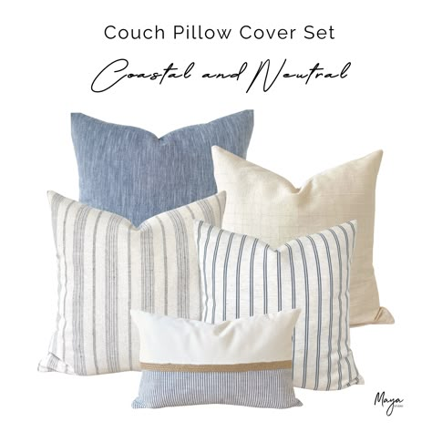 Gray And Light Blue Living Room, Coastal Cozy Living Room, Grey Blue Living Room Ideas, Modern Coastal Throw Pillows, Blue Pillow Combinations, Light Blue And Cream Pillows, Coastal Blue Pillows, Blue Striped Pillow Covers On Beige Sofa, Tan Coastal Pillows