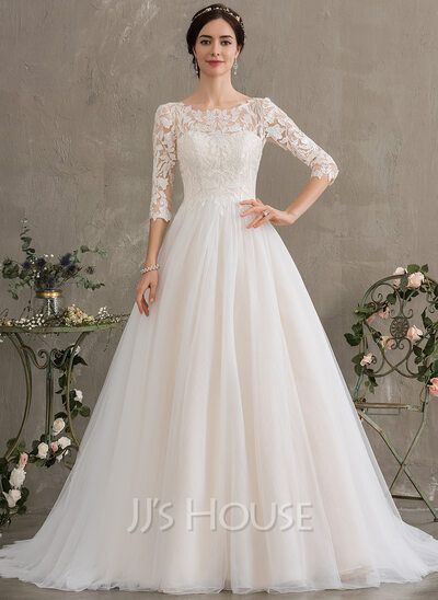 [£ 179.00] Ball-Gown/Princess Scoop Neck Court Train Tulle Wedding Dress With Sequins (002186395) 3/4 Sleeve Wedding Dress, Wedding Dress With Sequins, Scoop Wedding Dress, Christian Wedding Gowns, Court Train Wedding Dress, Wedding Dress Silhouette, Gown Princess, Dress Train, Neck Wedding Dress