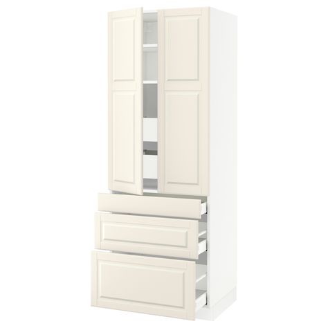 IKEA SEKTION White Maximera, Bodbyn Off-White High cabinet w/2 doors & 5 drawers Ikea Sektion, Ikea Kitchens, Perfect Pantry, High Cabinet, Drawer Rails, Condo Ideas, Painted Drawers, Plastic Edging, Cottage Bedroom