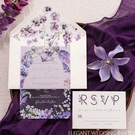 Elegant Boho Lavender Clematis Bellflower Wildflower Acrylic Wedding Invitation EWIA162 Lavender Clematis, Wedding Invitations Clear, Plexiglass Wedding Invitations, Plexiglass Wedding, Acrylic Wedding Card, Plum Wedding Invitations, Layered Wedding Invitations, Clear Acrylic Wedding Invitations, Ivory Wedding Invitations