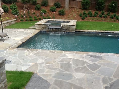 Flagstone Patio Around Pool, Irregular Flagstone Patio, Austin Stone Retaining Wall, Grey Flagstone Patio, Flagstone Pool Surround, Slate Pool Deck, Flagstone Pool Deck, Pool Flagstone, Stone Around Pool