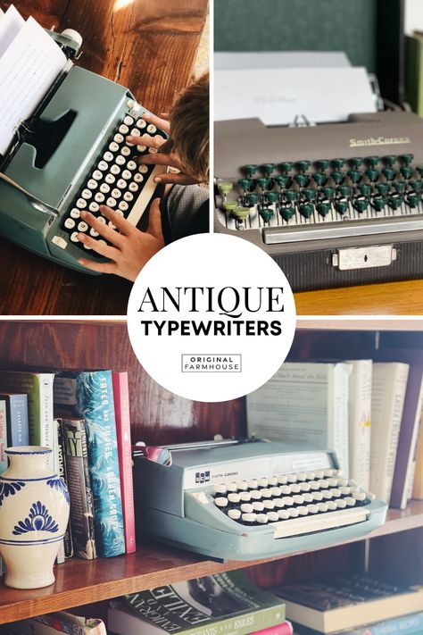 Old Typewriter Decor Ideas, Decorating With Old Typewriters, Typewriter Display Ideas, Vintage Typewriter Decor, Typewriter Decor Display, Old Typewriter Decor, Vintage Typewriter Aesthetic, Typewriter Display, Typewriter Decor