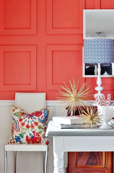 Sherwin Williams Quite Coral, Sw Coral Reef, Coral Reef Sherwin Williams, Sherwin Williams Coral Reef, Sw Coral Paint Colors, Sherwin Williams Orange Paint Colors, Coral Painted Walls, Striped Accent Walls, Coral Paint Colors