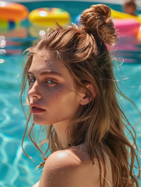 Protective Cornrows, Swim Hairstyles, Messy Top Knot, Pool Party Hairstyles, Cute Sporty Hairstyles, Messy Top Knots, Trendy Swim, Tight Braids, Swimming Hairstyles